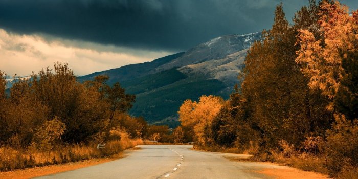 1332x850 Wallpaper road, autumn, forest, clouds, trees, mountains, clouds
