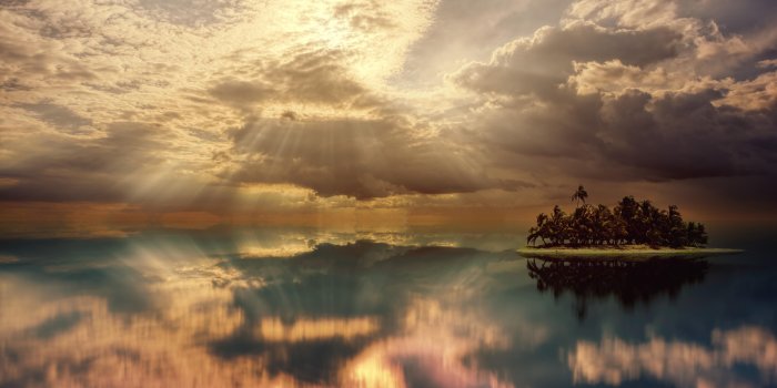 6000x3375 wallpaper island, palm trees, ocean, clouds, overcast, cloudy HD