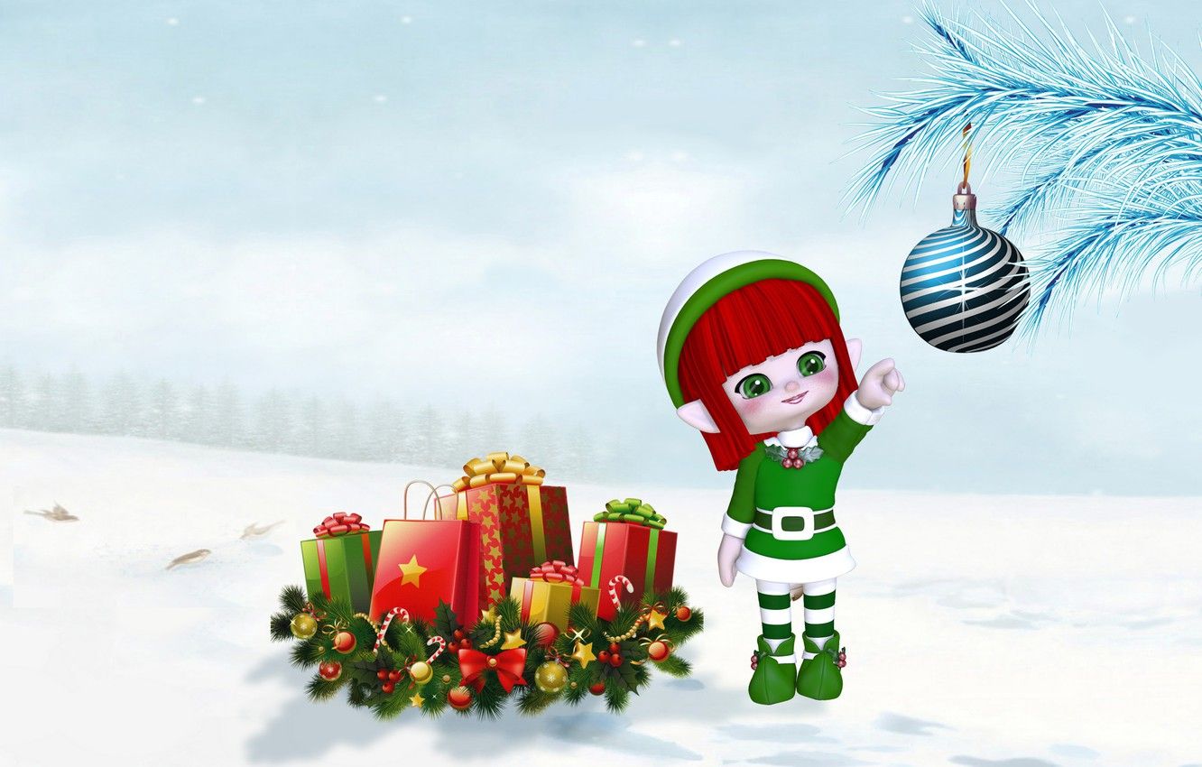 1332x850 Wallpaper winter, snow, branches, holiday, elf, new year, ball