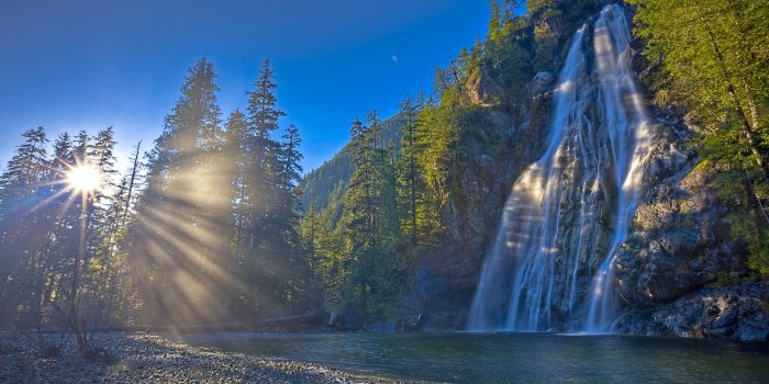3840x2160 Nature Morning Dawn Sunlight Forest River Waterfall Rock Coast Blue