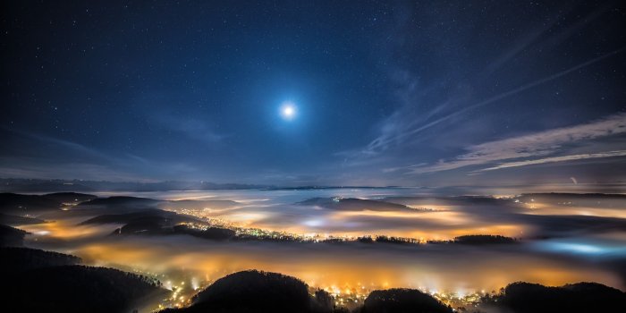 2560x1440 Wallpaper night sky, night city, earth, sky, stars, clouds, light