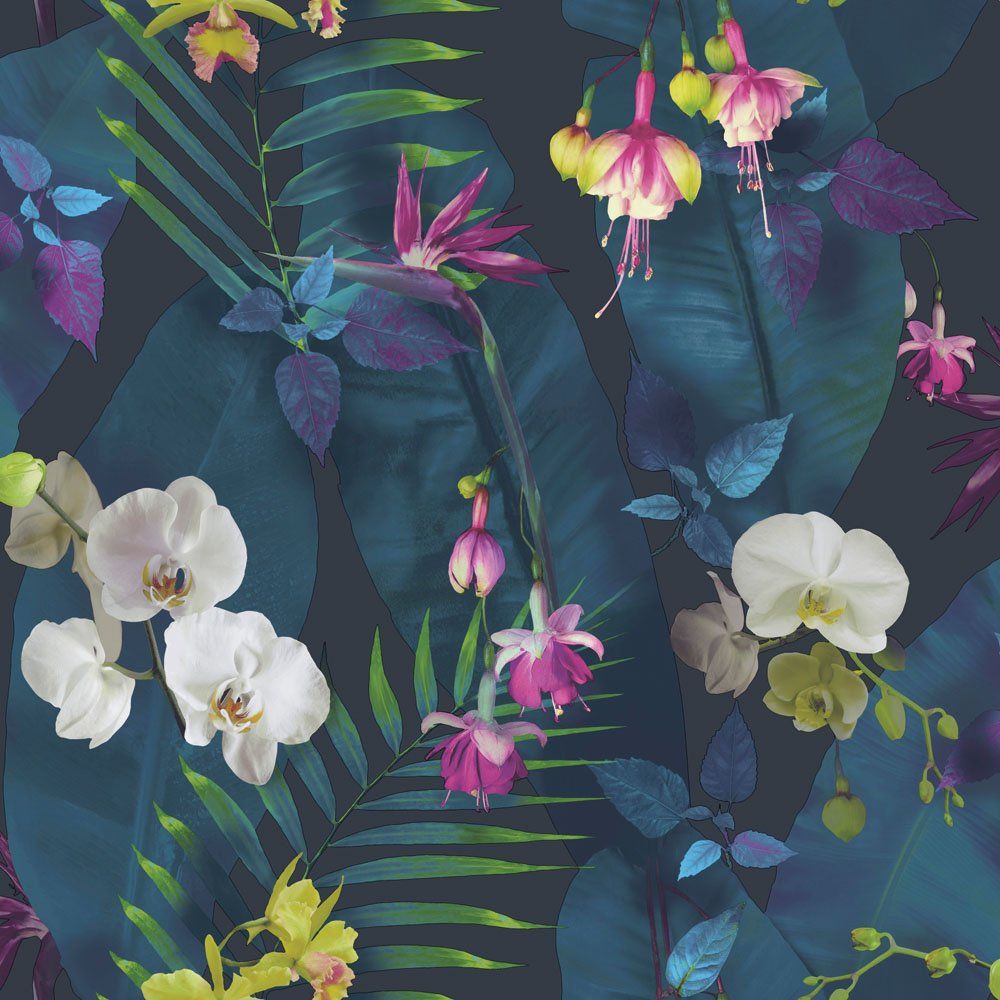 1000x1000 Arthouse, Pindorama Tropical Floral Flower Wallpaper, Navy Blue