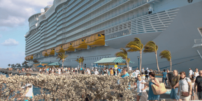 1920x1080 Nassau Bahamas Arriving Cruise Ship Passengers on Pier After Getting of a  Big Royal Caribbean Vessel in the Background Stock Video Footage -