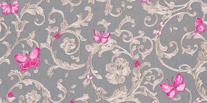 950x950 Versace Grey / Pink Baroque Butterflies Wallpaper