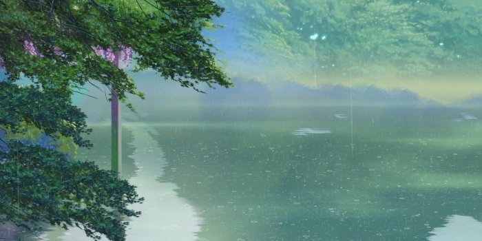 1332x850 Wallpaper Lake, Trees, Rain, Anime, Makoto Xingkai, Anime, Trees