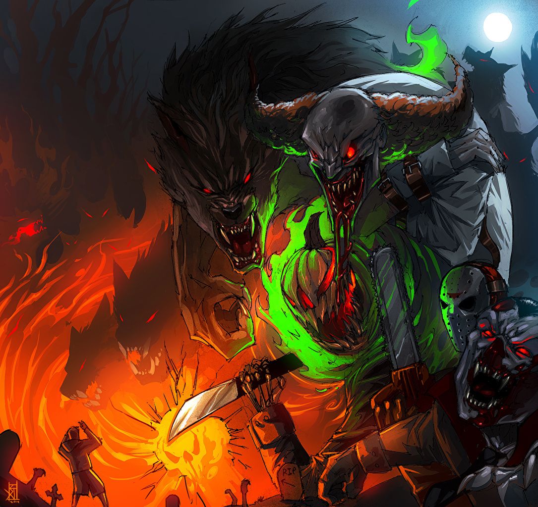 1085x1024 Wallpaper monster Knife Fantasy Halloween night time