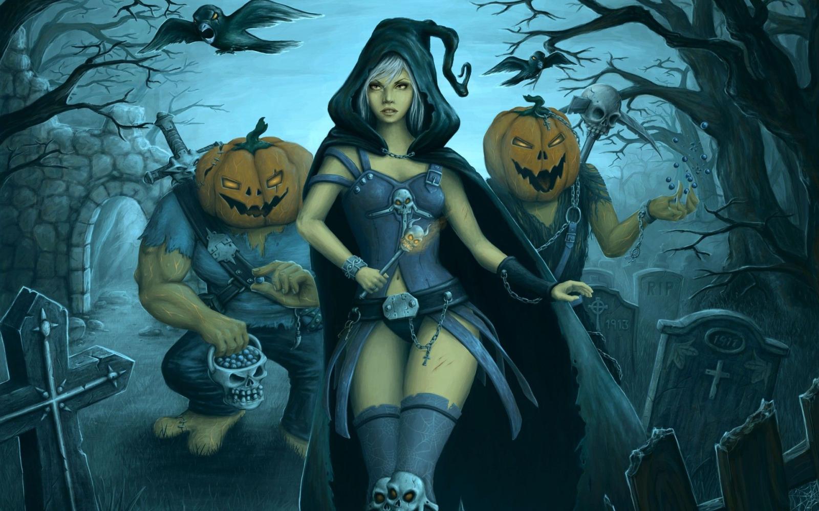 1920x1200 Gothic Halloween Fantasy Girls Dark Pumpkin Cemetery Skull Skulls