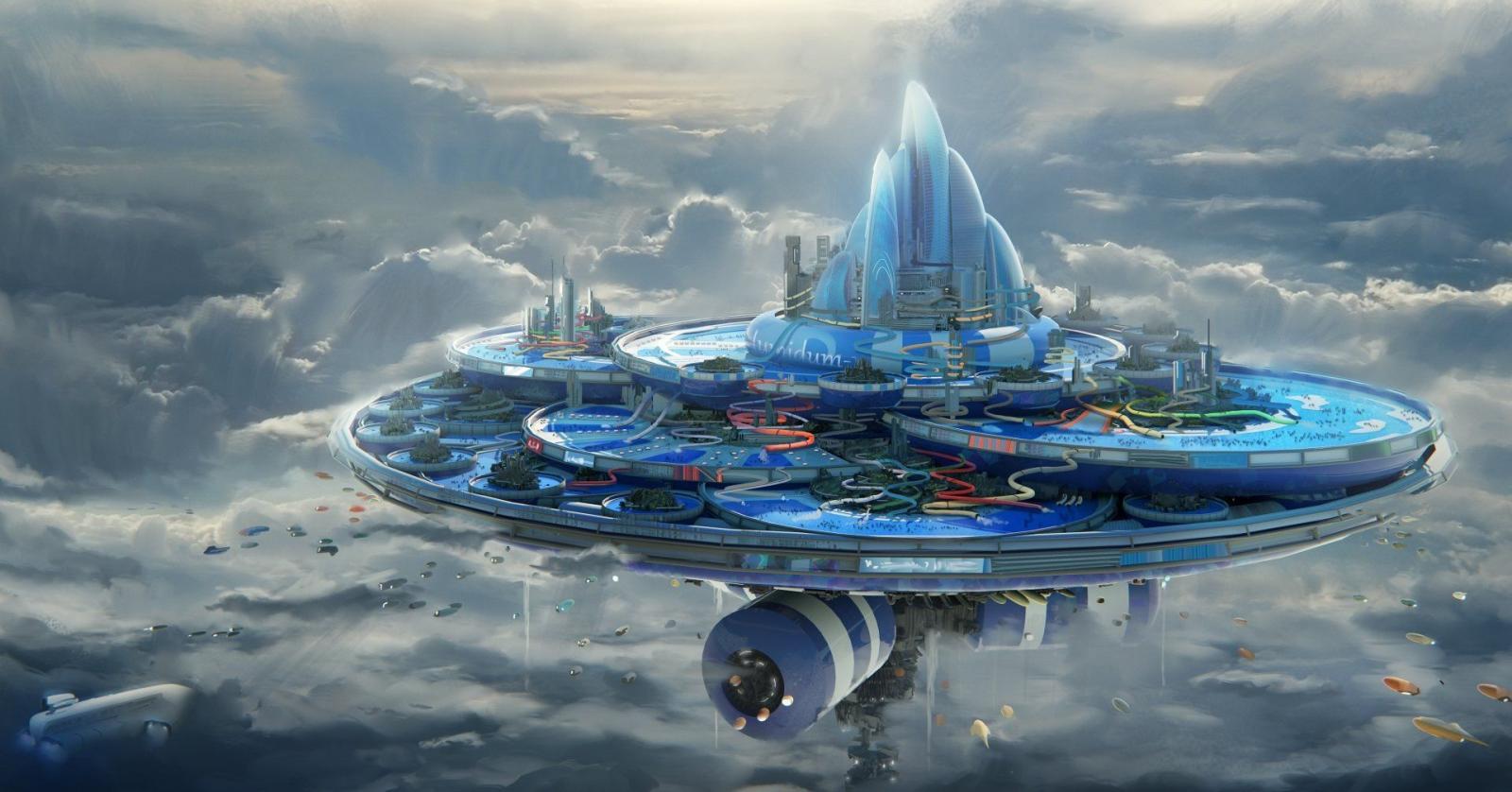 1920x1006 Sci Fi City Floating Island Cloud Aircraft Futuristic Wallpaper