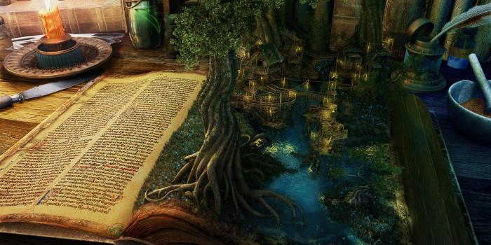 2880x1800 Wallpaper Magic book, trees, lake, houses, candle, creative