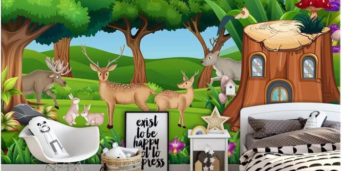 1032x816 3D wall murals wallpaper custom picture mural wall paper Simple tropical  forest elk rabbit magic house children s room background wall