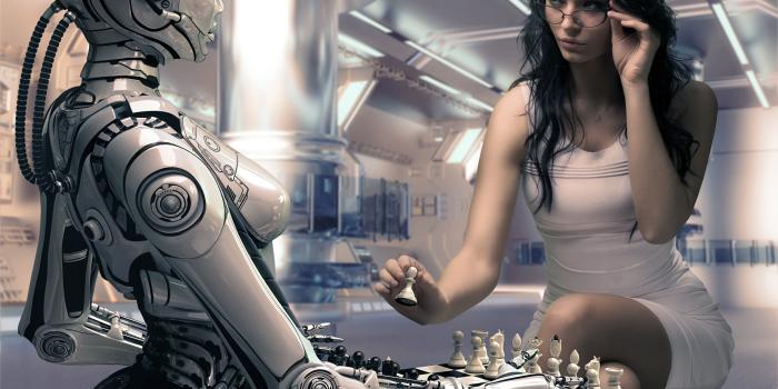 3000x2000 Woman wearing white mini dress playing chess against robot HD