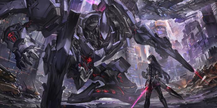 2880x1800 Download wallpapers female warrior, robot, monster, sci-fi, art