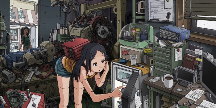1332x850 Wallpaper table, girls, robot, refrigerator, working, instrumento