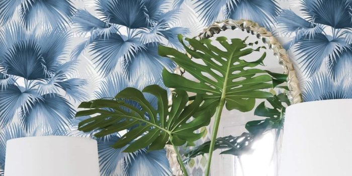 1050x1050 Blue, Green Palm Leaves Tropical Wallpaper Roll Natural - Wallpaper