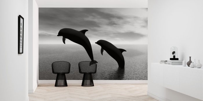 2000x850 Dolphin Silhouettes - b/w – affordable wall mural – Photowall