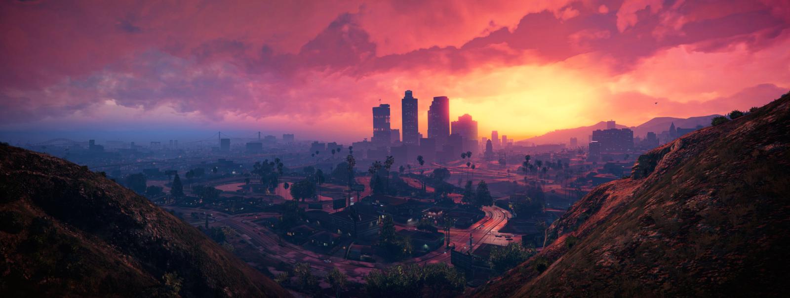 4025x1517 Wallpaper Grand Theft Auto V, Los Santos, Sunset, HD, 4K, Games, #8210