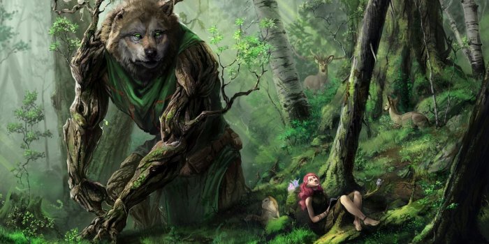 1920x1080 Forest Trees Wolf Art Girl Animals Desktop Background - Celtic
