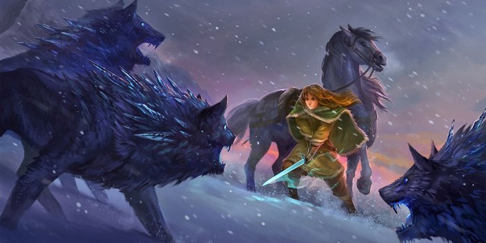 1920x1080 fantasy, wolves, women, winter, dark, magic, sword :: Wallpapers
