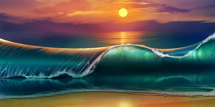 1920x1080 Full HD Wallpaper giant wave sunset romantic beach drawn picture