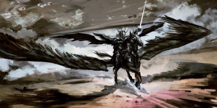 1244x700 Black knight color pastel painting warrior horse sword dark wings