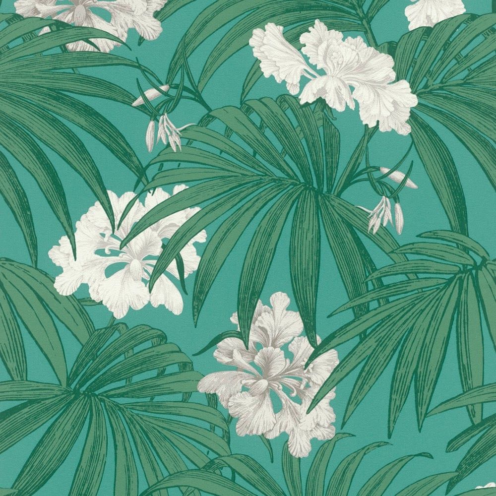 1000x1000 White Flower Pattern Wallpaper Floral Leaf Motif Textured Teal 603453
