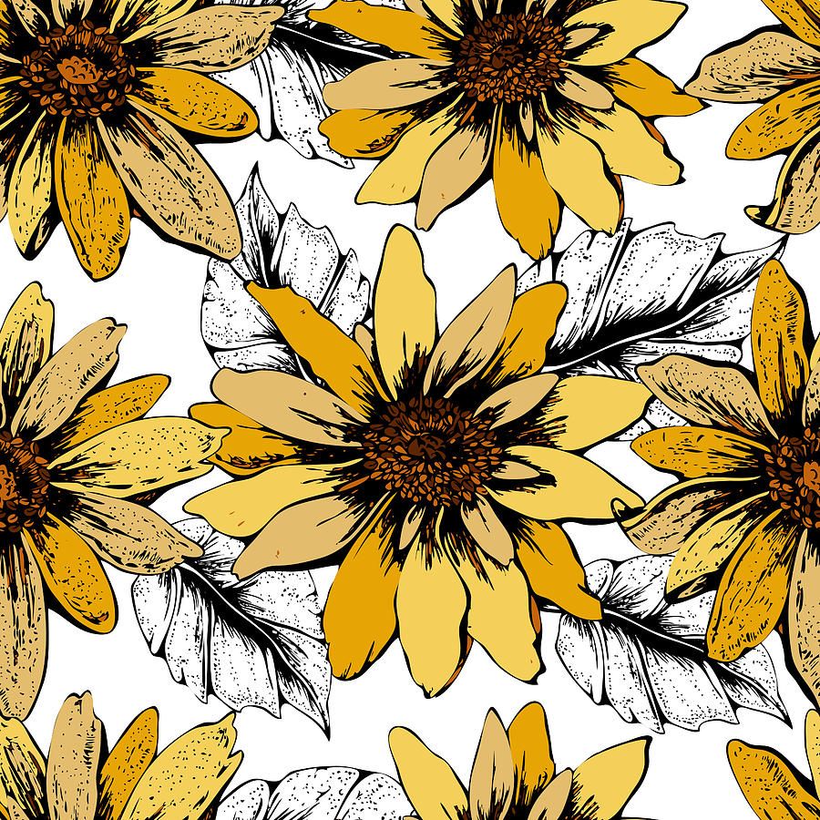 900x900 Colorful Seamless Floral Pattern With Cute Yellow Sunflowers. For Your Own  Design. Vector Wallpaper, Card, Wrapping Paper, Textile, Texture by
