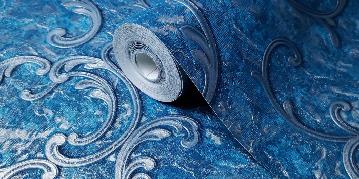 3024x3024 L903-03 Blue Silver Metallic Victorian Textured Damask Wallpaper