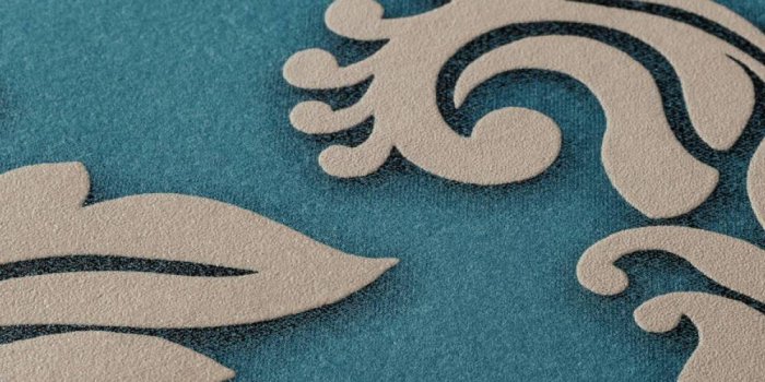 1000x800 Meredith Classic Baroque Wallpaper in Blue, Beige, and Metallic by