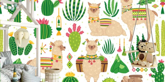 1500x1061 Lama with Cactus ,Cactus and Flowers,Mexico,Colorful Nursery,WALLPAPER  Art,Beautiful Decor,Large Photo Wall Mural, Adhesive Vinyl