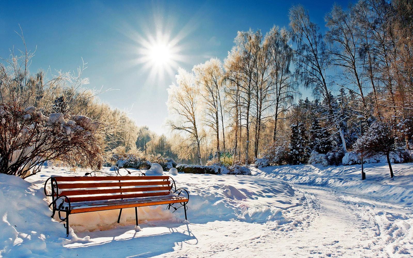 2560x1600 Winter Park Sunset Bench Snow Sun – Photography Wallpapers on