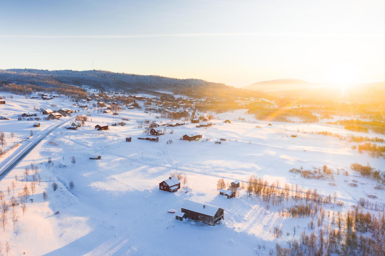 5257x3502 wallpaper winter, snow, sunshine, village, aerial view HD