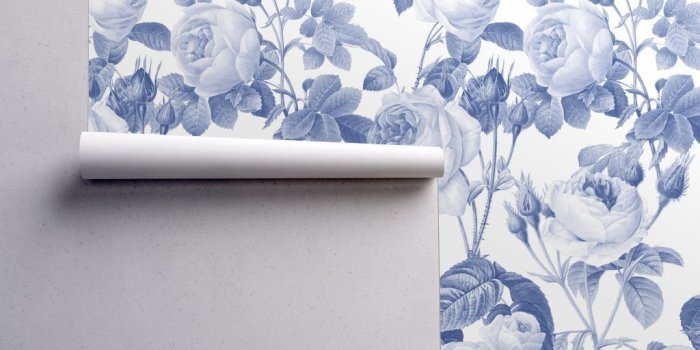 1024x1024 Blue Floral Wallpaper -Belles Fleurs Willow Ware By Peacoquettedesigns-  Custom Printed Removable Self Adhesive Wallpaper Roll by Spoonflower