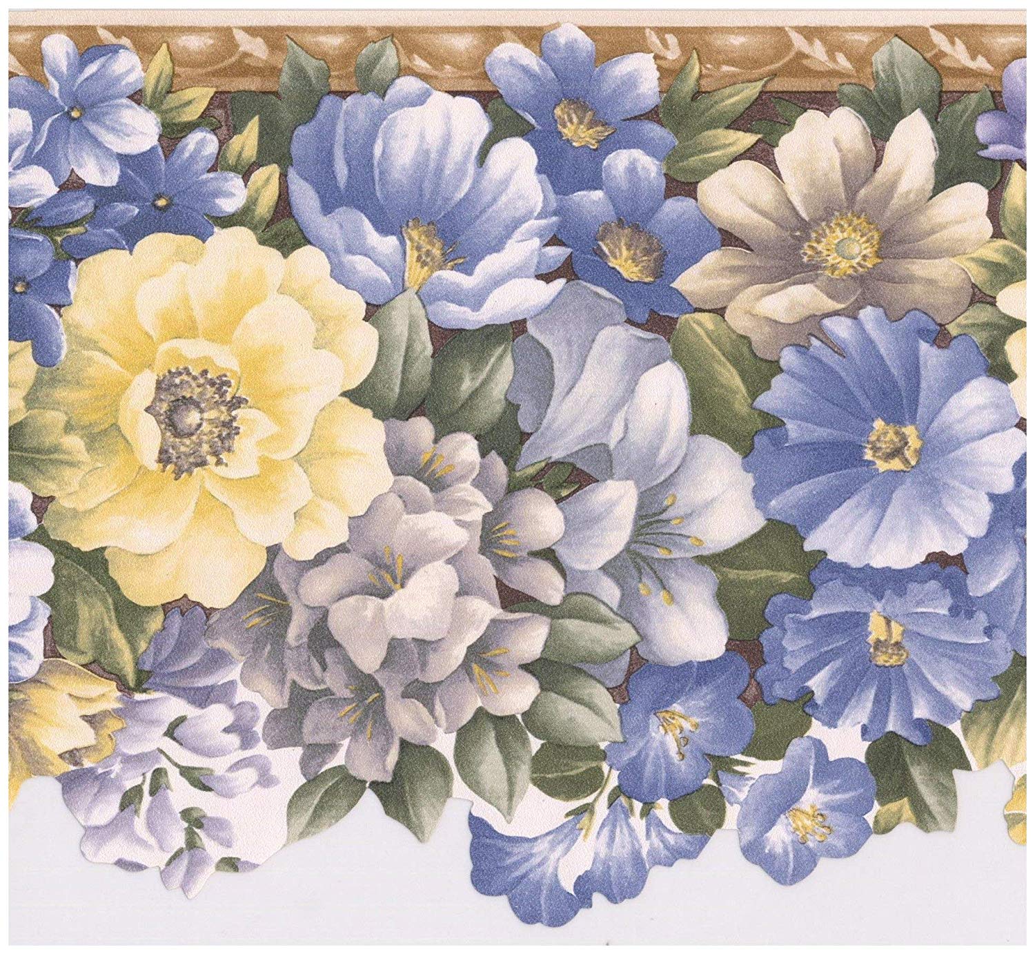 1500x1382 Wall Border - Blue Yellow Grey Morning Glory Flowers Scalloped