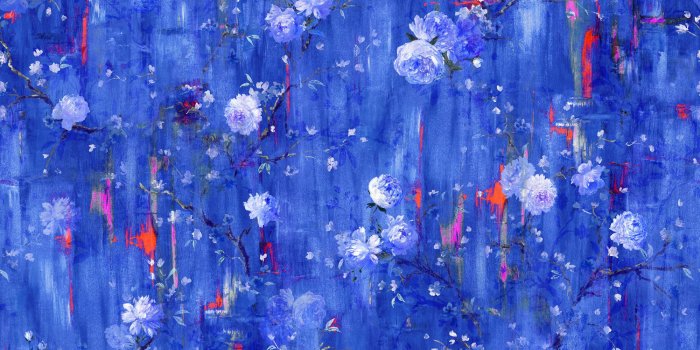 2000x1460 Perfumes of the Night: Moroccan Blue Floral Wallpaper Sample