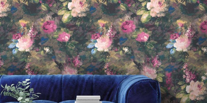 1500x1500 'Ava Marika Electric' Super Size Floral Wallpaper | Charcoal, Bright Blue,  Purple & Pink