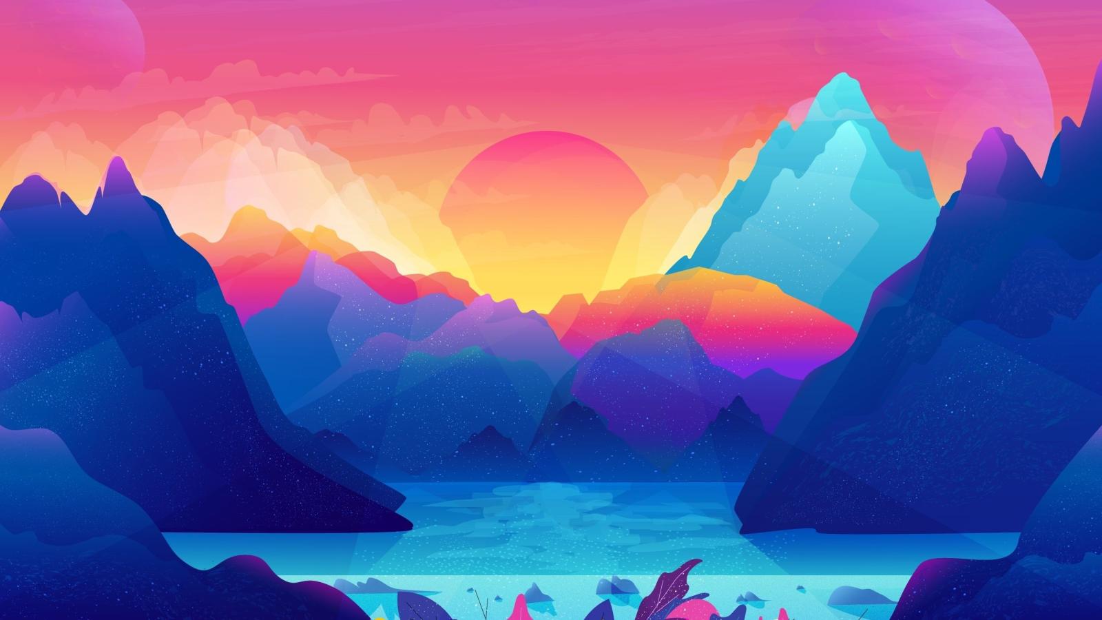 2560x1440 Download 2560x1440 wallpaper sun, mountains, gradient, colorful, art
