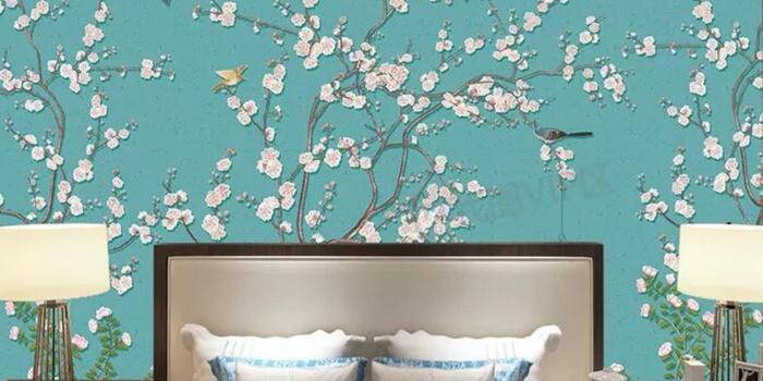 1500x1030 Blue Background Pink Plum Blossom Wallpaper, Flying Birds and Birdcage Wall  Mural, Wall Art, Living or Dinning Room Wall Decal, Wall Sticke