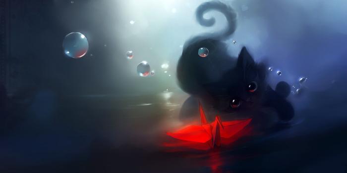 1920x1080 red, Origami dark, Cat, Bokeh, Water, Painting, Art Wallpapers HD