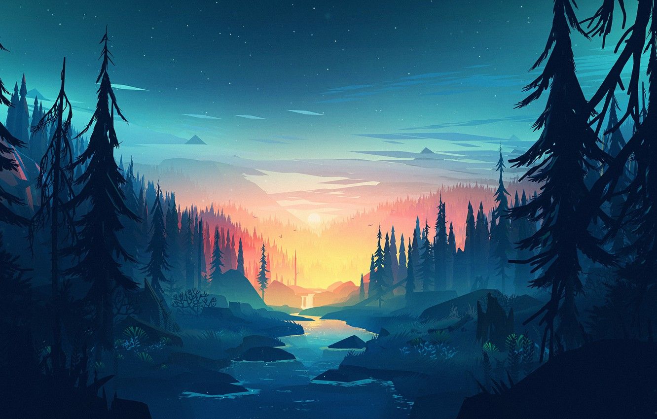 1332x850 Wallpaper Sunset, The sun, Mountains, The game, River, Forest, View