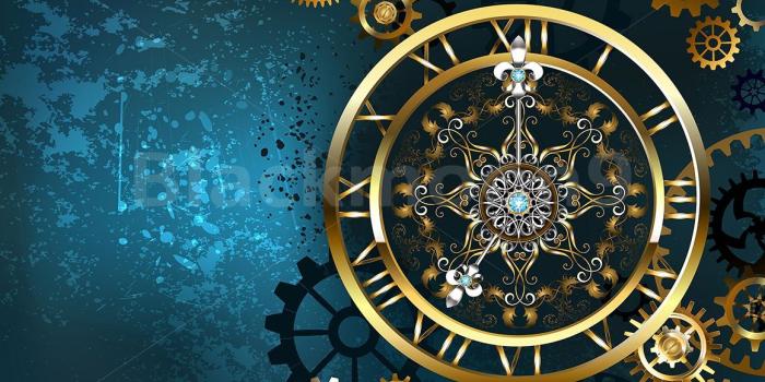 1160x773 Golden Clock on Turquoise Background ( Steampunk )