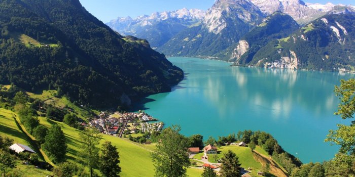 1920x1080 mountains, landscapes, nature, snow, rocks, Switzerland, house, Lake