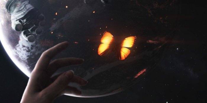 1332x850 Wallpaper Butterfly, The suit, Planet, Space, Hand, Brush, Sparks