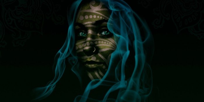 1366x768 Download 1366x768 Fantasy Woman, Tattoo, Aqua Hair, Face Portrait