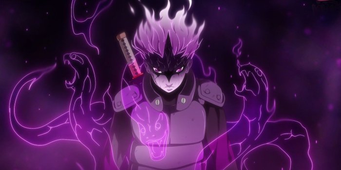 1332x850 Wallpaper fire, flame, sword, game, snake, blue, anime, purple eyes