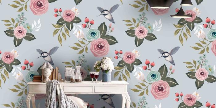 3000x2541 3D Vintage, Cold-tones, Floral Wallpaper, Removable Self Adhesive  Wallpaper, Wall Mural,Vintage art,Peel and Stick
