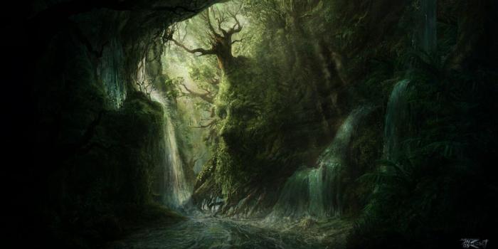 1324x700 Artwork fantasy magical art forest tree landscape nature cave skull
