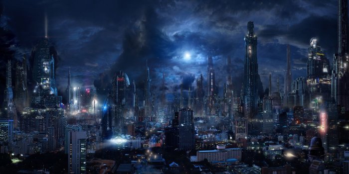 1424x700 Futuristic City Sci-fi Skyscrapers Night Dark City Flying Vehicles