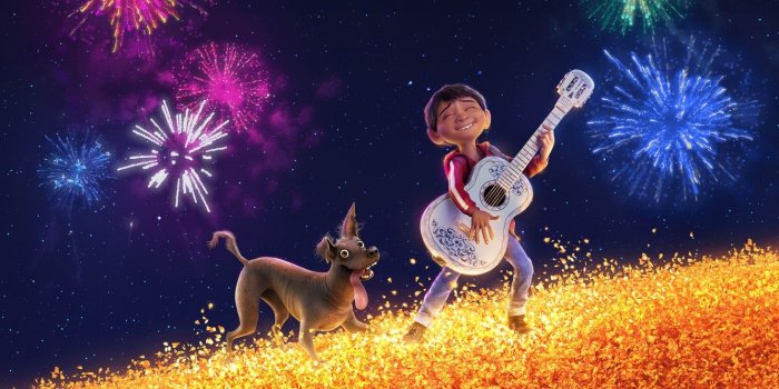 1332x850 Wallpaper field, the sky, cartoon, guitar, dog, stars, salute, boy