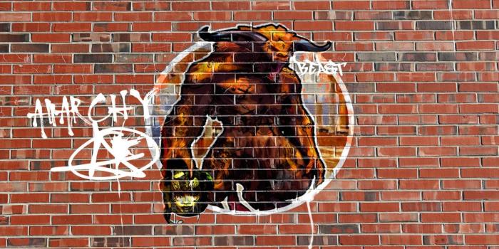 1332x850 Wallpaper wall, graffiti, figure, monster, painting, anarchy