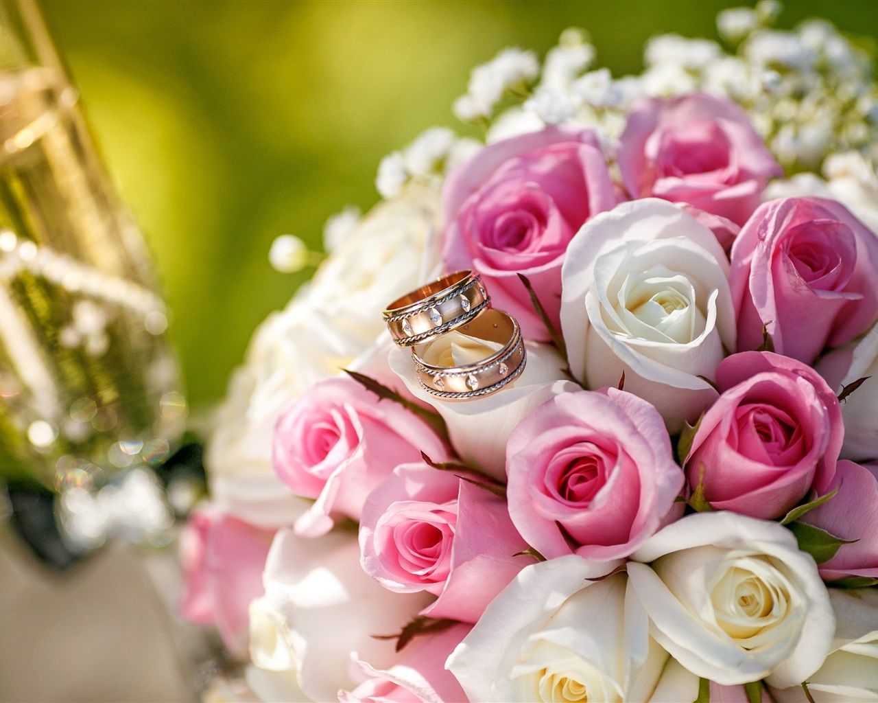 1280x1024 Wallpaper Wedding flowers, bouquet, pink and white roses, rings